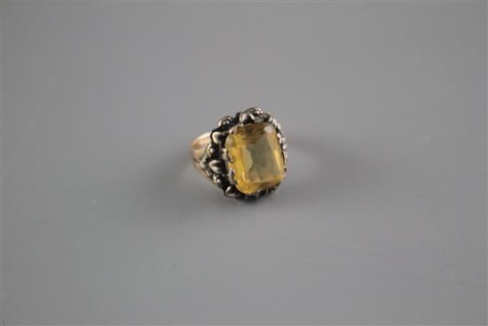 A 19th century yellow metal and citrine set ring (adapted) and 3 other items.